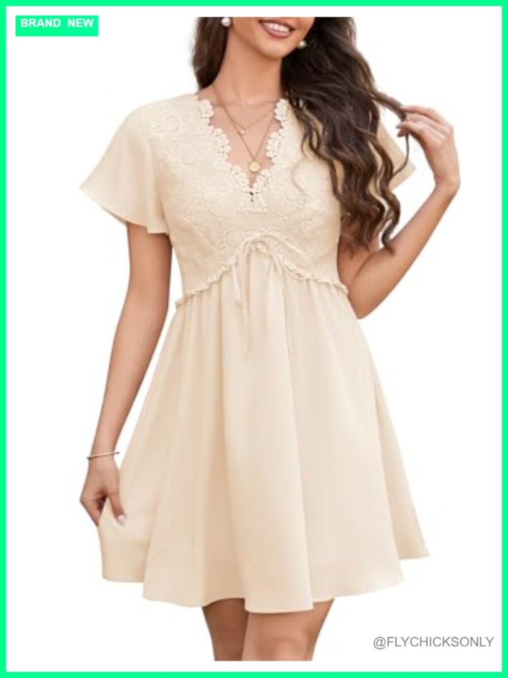 Floral Lace Boho Deep V Neck Mini Dress Flutter Short Sleeve A-Line Flowy